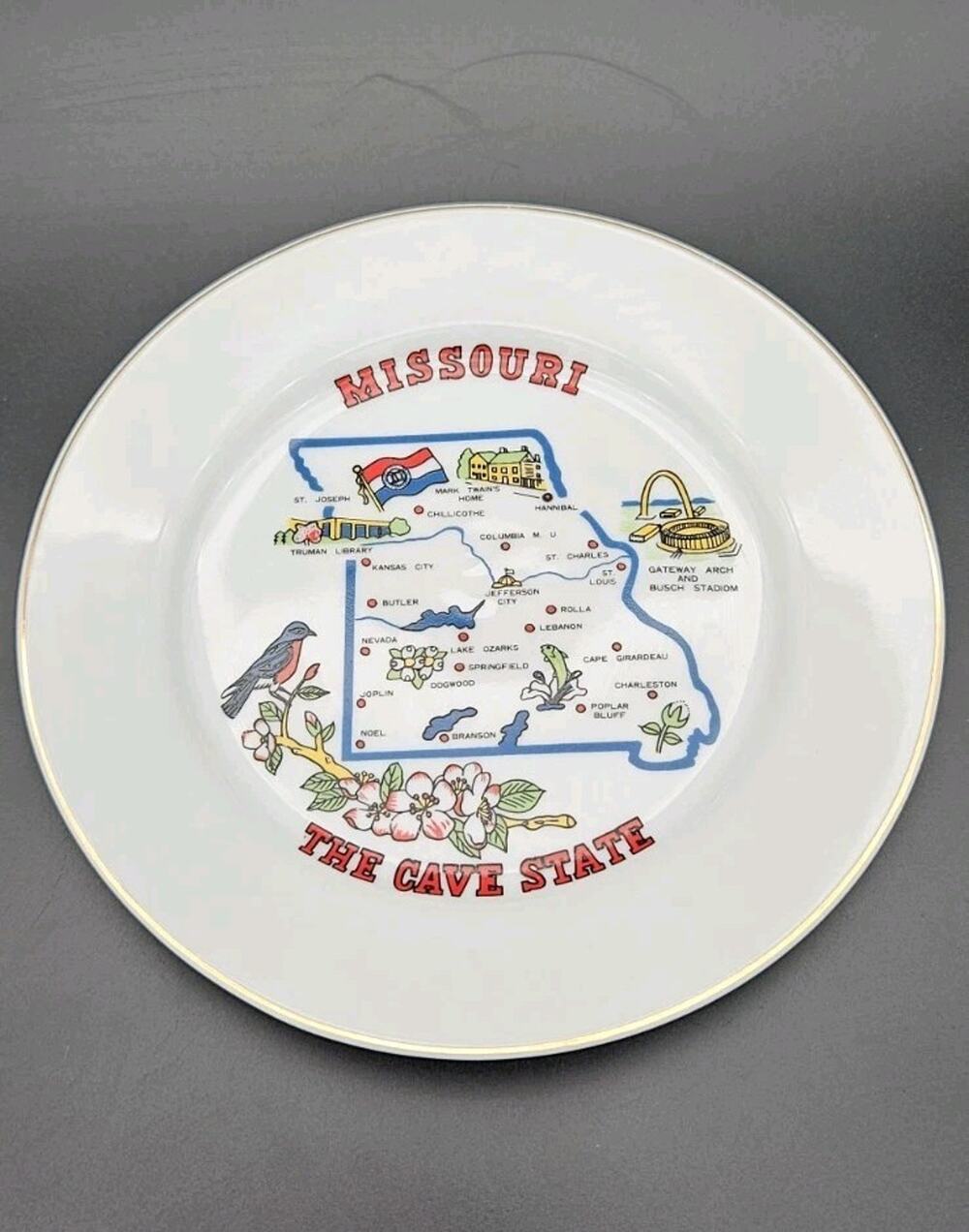 Missouri The Cave State Decorative Souvenir Plate Map Landmarks Gold Trim China